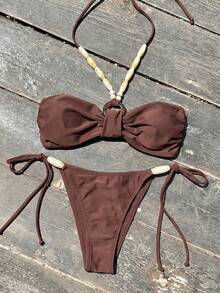 Swim Chiccia Women's Solid Color Bikini Set, Bohemian Beaded Halter Design, Waist Tie, Suitable For Beach Vacation - Brown - View 6