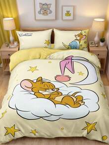 TOM & JERRY X SHEIN Bộ 3 món ga trải giường in hình ngôi sao vàng (1 ga trải giường + 2 vỏ gối không kèm ruột), họa tiết chuột, chất liệu microfiber, mềm mại và ấm áp, nhiều kích cỡ, phù hợp cho giường đơn/giường đôi/giường cỡ Queen/giường cỡ King, bộ đồ giường phong cách retro, trang trí dễ thương. - Màu vàng - Xem 4