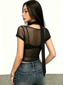 Rina Fox 波点网纱泡泡袖露脐上衣，领口系带镂空设计，性感修身透视波点网纱衬衫，休闲、派对、晚宴、约会、度假、街头风，修身显瘦，新品上市 - 黑色 - 查看 2