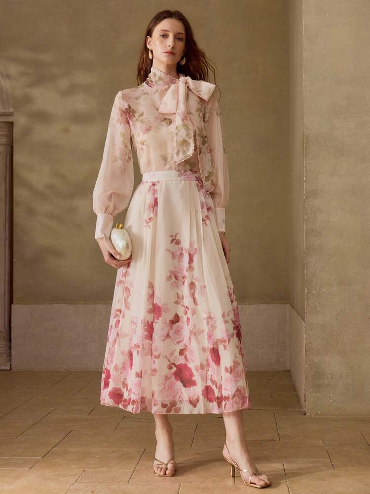 WOMEN'S ROMANTIC ELEGANT PLACEMENT PRINT A-LINE SKIRT, SPRING/SUMMER