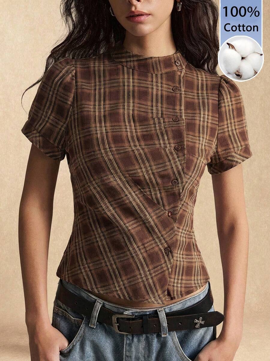 Easelle 棕色立領修身女款格紋印花短袖襯衫