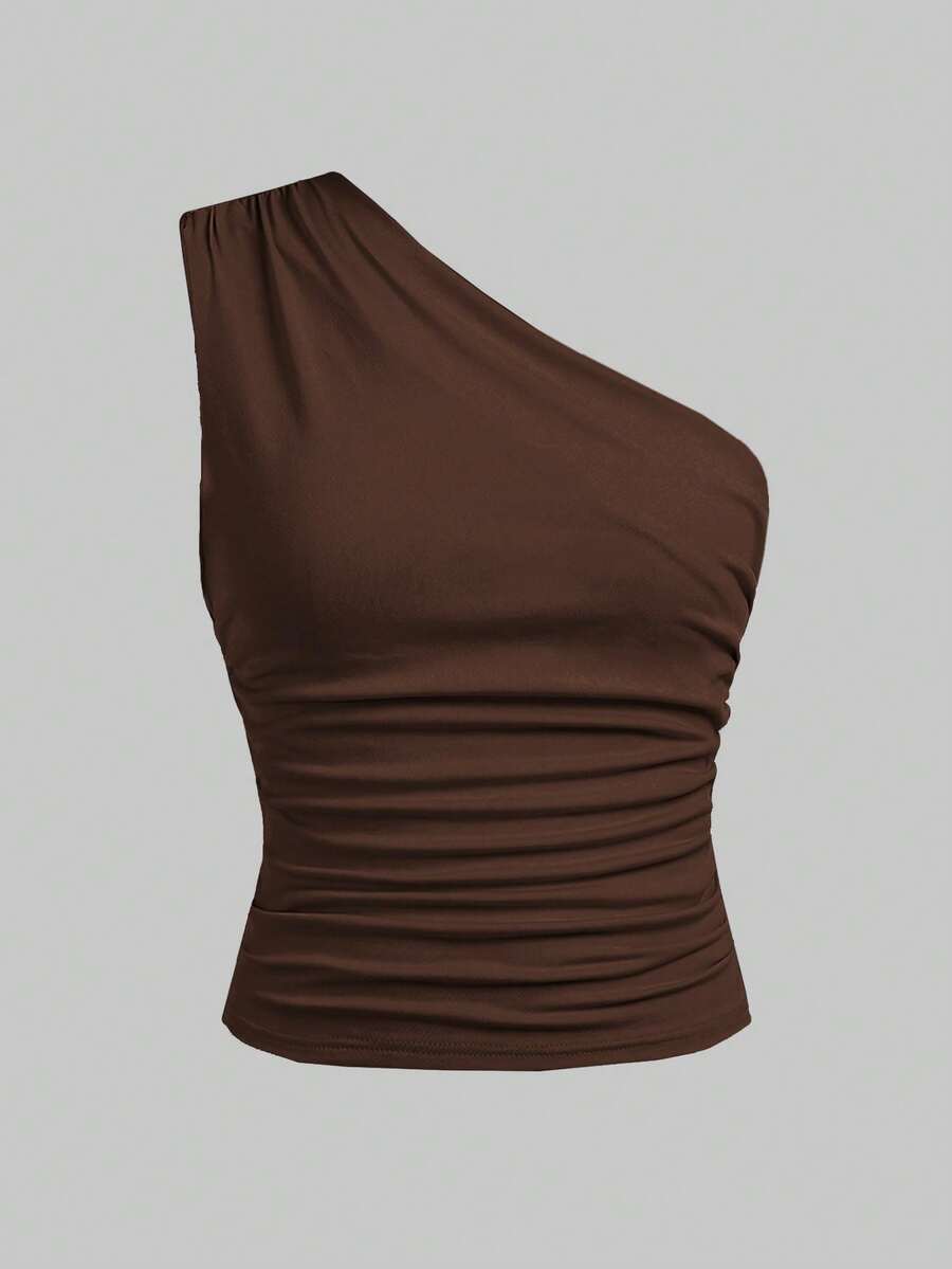 SHEIN Girlism Teen Girl Solid Color Ruched Casual Asymmetric Neck Camisole - Brown - View 1