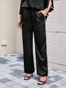 Modelyn Black & Apricot Contrast Satin Loose Pants With Pockets - Black - View 1