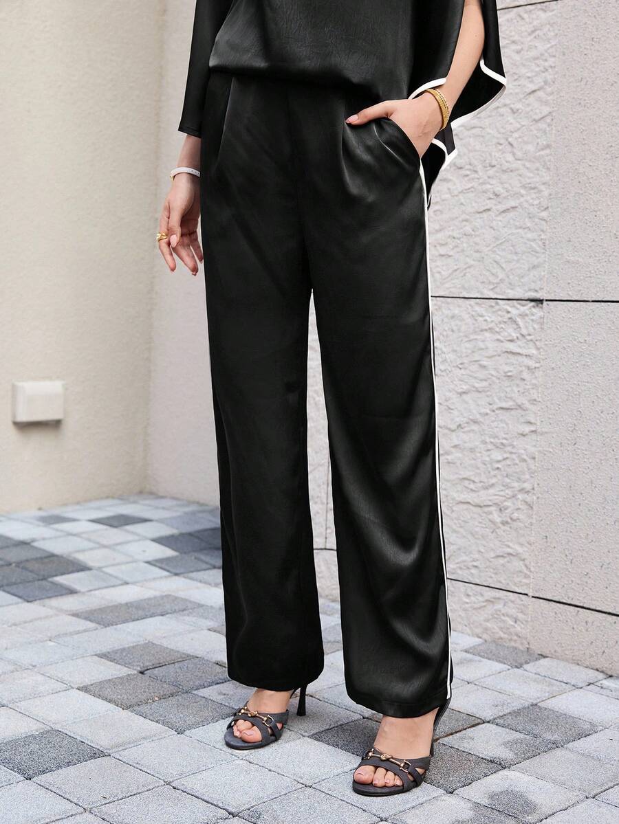 Modelyn Black & Apricot Contrast Satin Loose Pants With Pockets - Black - View 1