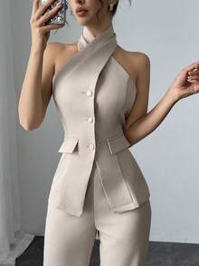 Feyla Set de 2 piezas de top halter de un solo pecho y pantalones de unicolor, conjunto casual de mujer - Albaricoque - Ver 9
