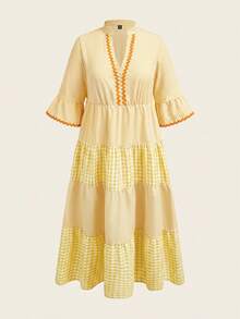 SHEIN LUNE Plus Size Summer Vacation Striped & Plaid Splice Notched Neck Dress Fall - Yellow - View 5