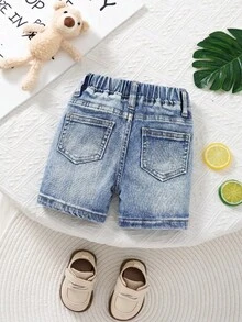 Pantalones cortos elásticos de mezclilla azul rasgados para niños pequeños - Lavado ligero - Ver 2