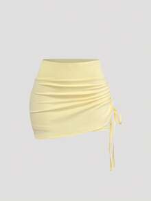 Sweetra High Waist Anti-Flashing Sports Skirt, Wrinkled Fabric Running Shorts With Attached Undershorts - Yellow - View 1