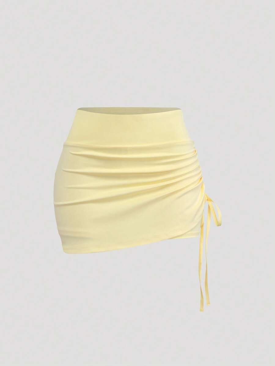Sweetra High Waist Anti-Flashing Sports Skirt, Wrinkled Fabric Running Shorts With Attached Undershorts - Yellow - View 1