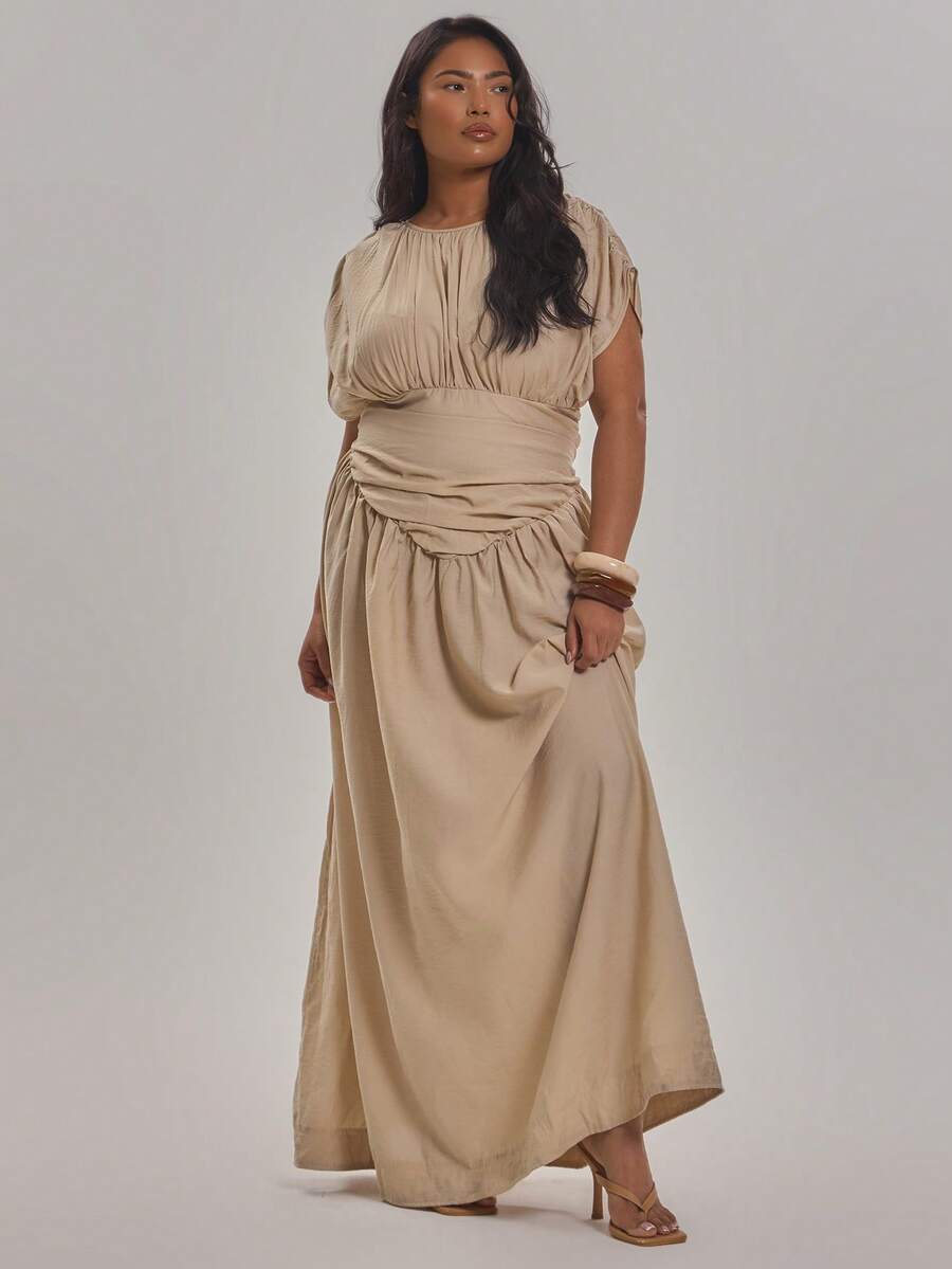 MUSERA Plus Size Ruched Drop Sleeve Panel Detail Loose Fit Maxi Dress Spring Summer Elegant Holiday Vacation Beach Late Checkout - Khaki - View 1