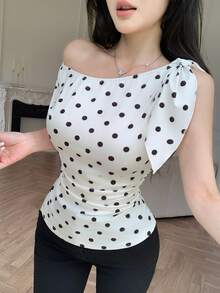 Celisse 波点图案褶皱侧边打结单肩休闲女式衬衫 - 彩色 - 查看 3