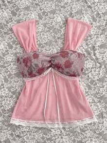 Elamini Women's Sweet Romantic Rose Pink Lace Patchwork Sweetheart Neck Dopamine T-Shirt, Vacation Style, Spring/Summer - Multicolor - View 1