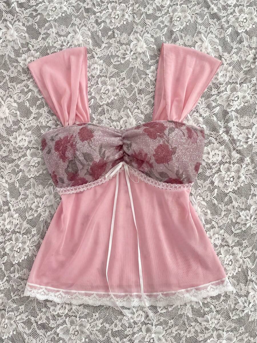 Elamini Women's Sweet Romantic Rose Pink Lace Patchwork Sweetheart Neck Dopamine T-Shirt, Vacation Style, Spring/Summer - Multicolor - View 1