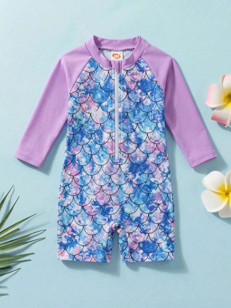SHEIN Cute Baby Girl Stretch Knitted Camisole With All-Over Mermaid Print - One-Piece Long-Sleeved One-Piece Swimsuit Rash Guards For Baby Girls Toddler Rashguard Swimsuit Toddler Mermaid Swimsuit Baby Swim Rashguards Baby Girl Rash Guard Toddler Long Sleeve Swimsuit Baby Girl Mermaid Clothes Toddler Mermaid Bathing Suit Baby Mermaid Swim Suit,Kids - Purple - View 1
