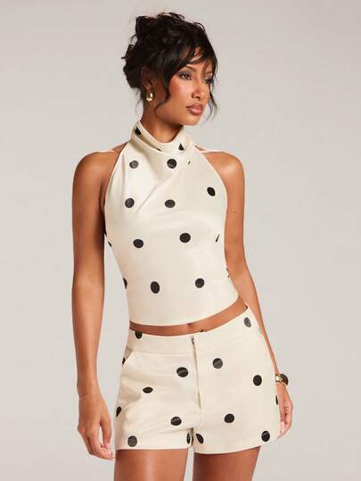 SHEIN BAE Women's Sexy Elegant Black & White Polka Dot Camisole & Shorts Two Pieces Set, Polka Dot Outfit, Elegant Outfit, Party Outfit, Date Outfit, Summer Outfit, Cruise Outfit,Summer Outfit For Women,Office Wear For Women, Outings, Dates, Commute, Cruise Vacation, Ideal For Women's Ibiza Island Getaway. Polka Dot Set,Work Outfits For Women,Polka Dot Set,Shorts Set,