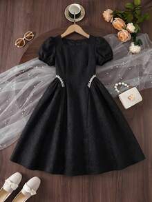 SHEIN Girls' Textured Fabric Rhinestone Embellished Puff Sleeve Dress, Suitable For Parties, Outings, Back To School, Vacations - Black - View 5