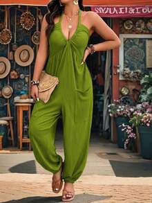 SHEIN Holidaya Bộ jumpsuit cỡ lớn, chất liệu vải dệt họa tiết, cổ chữ V, có túi, dây rút, thích hợp mặc ở nhà, đi chơi và đi nghỉ mát. - màu xanh lá - Xem 5