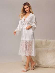 HautHeat Áo choàng mặc nhà nữ cổ chữ V viền ren - trắng - Xem 6