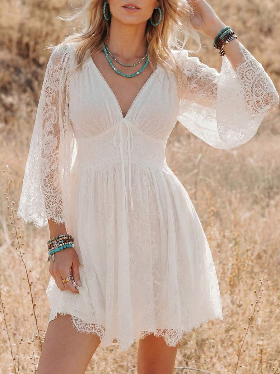 Wildy Váy ngắn mùa hè cơ bản dành cho nữ, phong cách BOHO, kiểu miền Tây, thích hợp cho lễ hội nhạc đồng quê, phối ren và các mảng màu, thích hợp đi làm. - trắng - Xem 1
