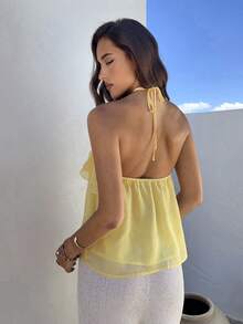 Aloruh Camiseta sin mangas con cuello halter, decoración metálica y volantes multicapa en color amarillo para mujer, primavera/verano - Amarillo - Ver 2
