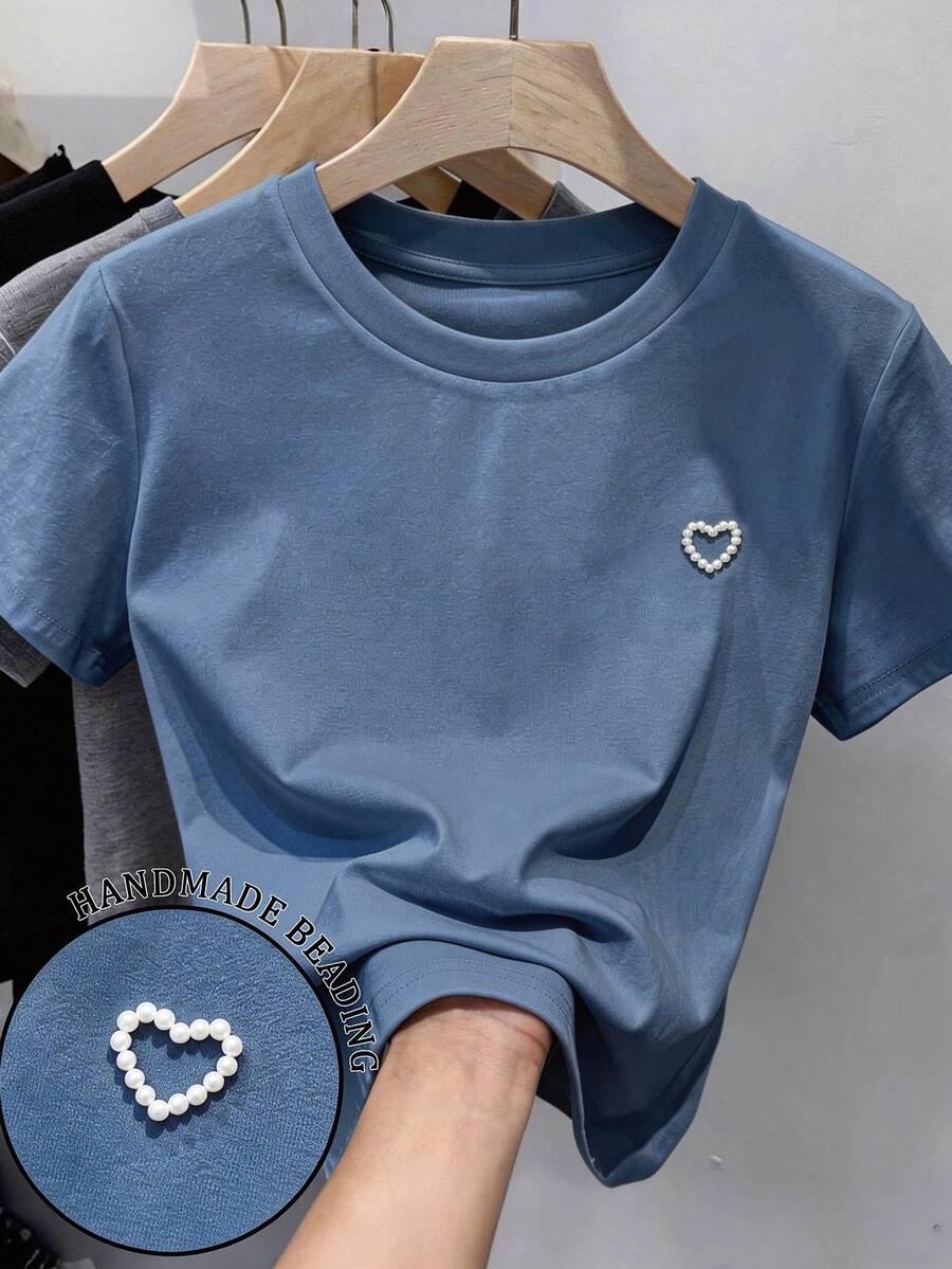 Resyla Kaos Lengan Pendek Kasual dengan Dekorasi Hati & Mutiara, Pakaian Sehari-hari Musim Panas - Biru - View 1