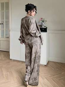 DAZY Women's Fashionable Elegant Printed Button-Up Shirt & Pants 2 Pieces Set Lounge Sets For Women - Khaki - View 2
