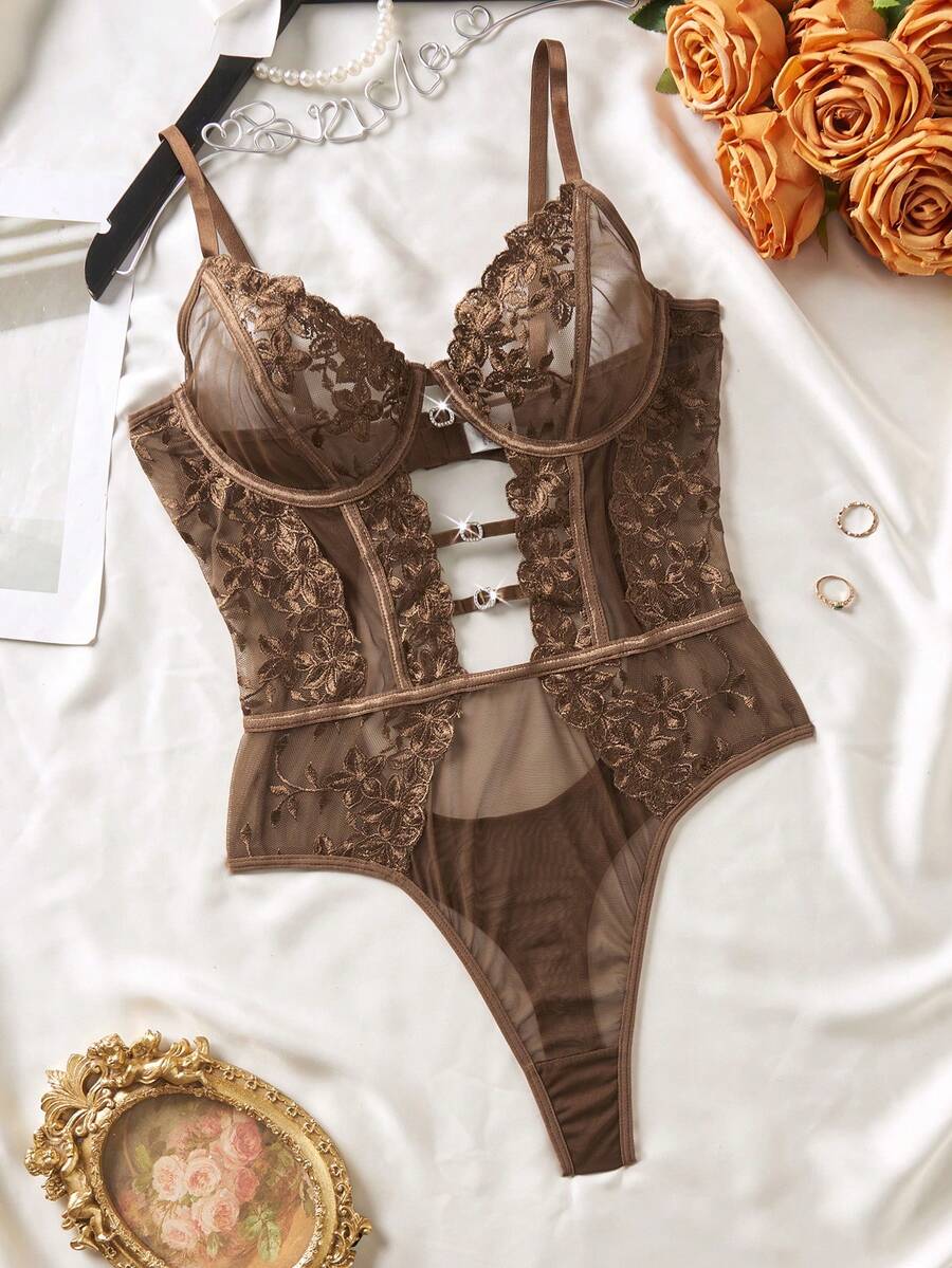 SHEIN 1件装女士性感花卉刺绣网纱连体衣 - 棕色 - 查看 1