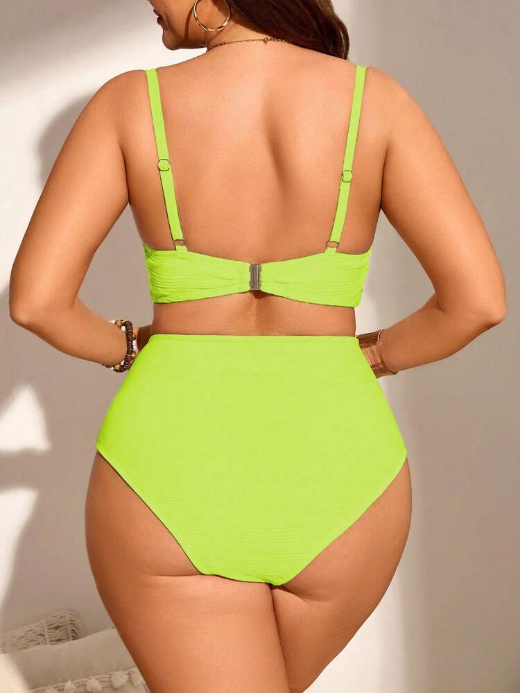 SHEIN Swim Curve 大码女式两件套纯色褶皱细肩带比基尼泳衣套装，度假装 - 薄荷綠 - 查看 2