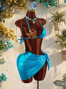 Amplova 女士海星装饰泳衣套装，性感前卫，适合度假，可爱迷你两件套，亮蓝色面料 - 彩色 - 查看 12