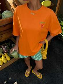 Muchica Oversized Casual Minimalist Orange Lobster Graphic Round Neck Short Sleeve T-Shirt, Loose Fit For Women, Spring/Summer,Summer Top - Orange - View 2