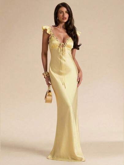 SHEIN BAE Đầm maxi màu vàng trơn, gợi cảm, đơn giản, thanh lịch, cổ chữ V sâu, thắt dây, phối ren và satin giả lụa dành cho nữ, thích hợp cho Ngày Valentine, tiệc tùng, lễ hội âm nhạc, phù dâu, dạ hội, kỳ nghỉ, đầm hè, đầm ôm sát cơ thể.