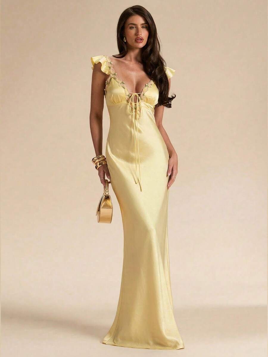 SHEIN BAE Đầm maxi màu vàng trơn, gợi cảm, đơn giản, thanh lịch, cổ chữ V sâu, thắt dây, phối ren và satin giả lụa dành cho nữ, thích hợp cho Ngày Valentine, tiệc tùng, lễ hội âm nhạc, phù dâu, dạ hội, kỳ nghỉ, đầm hè, đầm ôm sát cơ thể. - Vàng nhạt - Xem 1