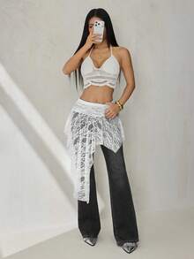 SHEIN PETITE Women's Summer Vacation Lace Asymmetric Hem Skirt - White - View 3