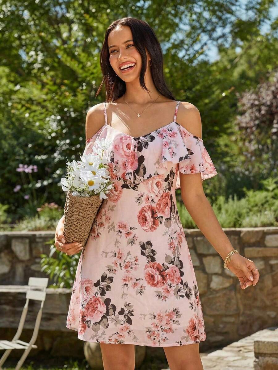 KARISMINA Women's Rose Pink Floral Print Ruffle Off-Shoulder Mini Dress, Summer Cottage Core Boho Elegant Cold Shoulder Holiday Vacation Outfit, Brunch Picnic - Pink - View 1