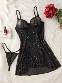 SHEIN Bộ 2 món áo ngủ ren phối ren gợi cảm dành cho nữ, đồ lót gợi cảm cho phụ nữ, người lớn, tuần trăng mật, nóng bỏng, hẹn hò, đồ lót, đồ lót lưới gợi cảm, bộ đồ lót, trang phục gợi cảm - màu đen - Xem 3
