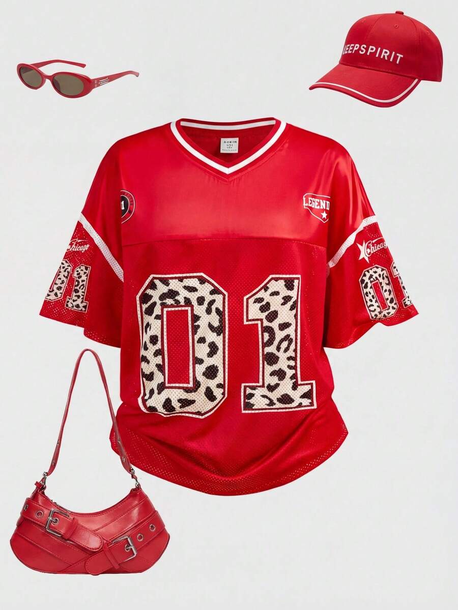 Girlism Teen Girls Red Casual Sports, Retro American College Racing Jersey Graphic T-Shirt Red Casual Top Outfit For Girls - Red - View 1