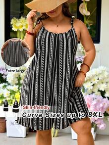 SHEIN CURVE+ Curve 尺码 US22 音乐节、海滨度假、波西米亚风女士休闲几何印花连体裤 - 黑與白 - 查看 1