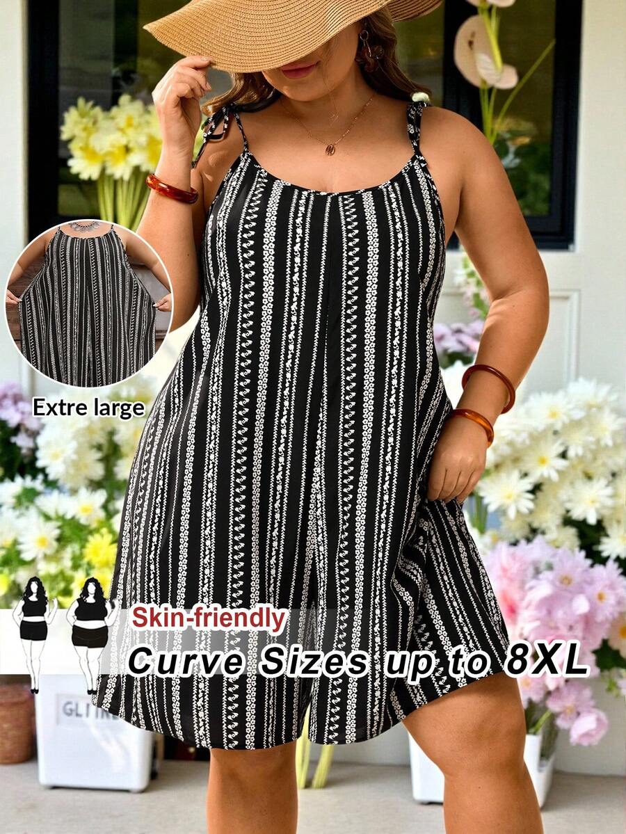 SHEIN CURVE+ Curve 尺码 US22 音乐节、海滨度假、波西米亚风女士休闲几何印花连体裤 - 黑與白 - 查看 1