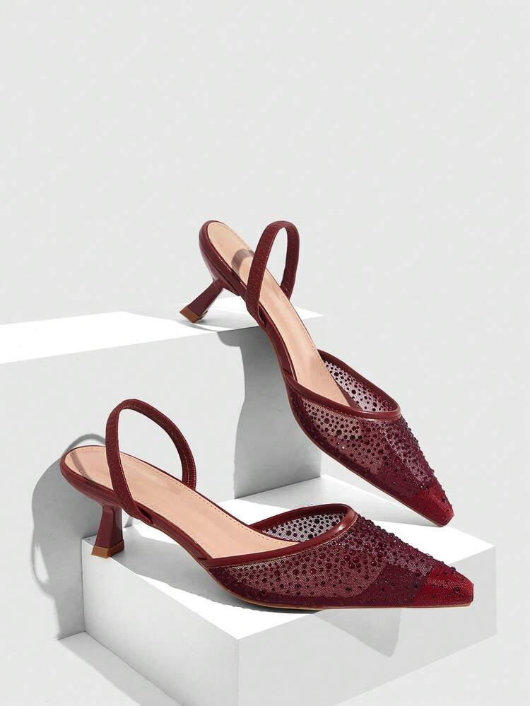 CUCCOO SZL Women Shoes Spring And Summer New Women's High Heel Shoes Mesh Rhinestone Breathable Pointed Square Heel Medium Heel French Elegance Commuter Dating Wedding Banquet Versatile Women's Shoes
