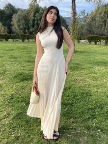 Hitanina Women Elegant Pleated Tight-Fitting A-Line Dress,Summer Dresses For Women,Tea Party Dress - Apricot - View 5