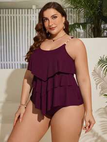 SHEIN Swim Curve 大码女士纯色简约日常穿着吊带泳衣 - 酒紅色 - 查看 4