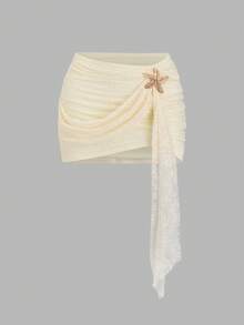 SHEIN Sweetro Chân váy ngắn xếp ly màu trơn trang trí kim loại dành cho nữ, kiểu dáng thời trang, đa năng, thích hợp cho buổi hẹn hò hoặc đi chơi. - Màu be - Xem 3