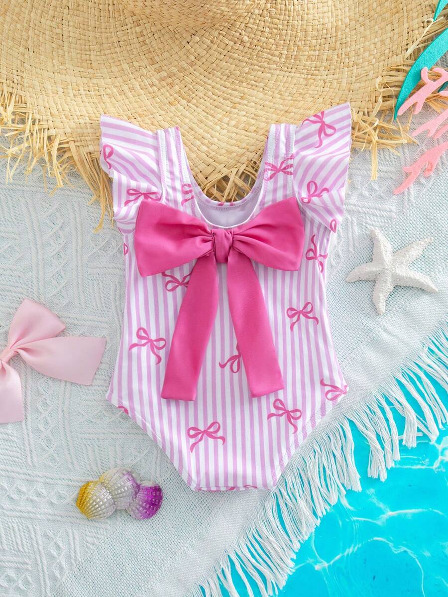 SHEIN Baju Renang Terusan Bayi Baru Lahir Motif Garis-garis dengan Pita untuk Liburan di Pantai - Berwarna merah muda - View 1