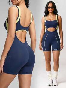 Innovista Innovista Macacão Esportivo Feminino de Tênis sem Mangas e Costas Abertas em Cores Contrastantes Azul Marinho, Verão, Athleisure, Academia, Exercício, Azul Laranja Amarelo - Azul - Visão 3