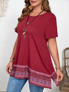 夏季假日风大码女式几何印花圆领短袖休闲透气妈妈T恤 - 紅色 - 查看 4