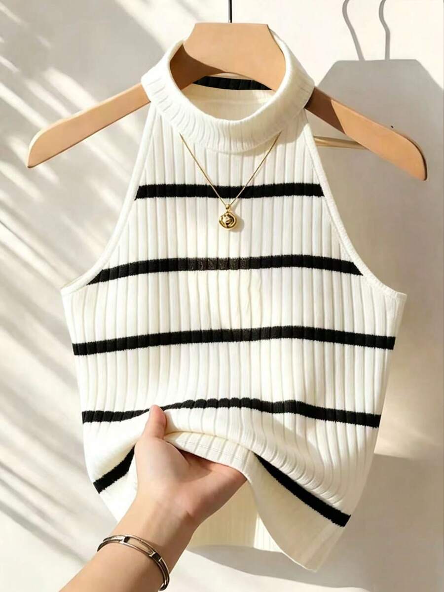 Franclia Áo tank top nữ dáng suông, không vai, chất liệu gân, thích hợp cho mùa hè. - Đen và trắng - Xem 1