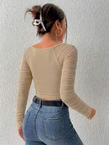 EURMUSE Square Neck Ruched Mesh Sleeve Crop Top - Beige - View 2