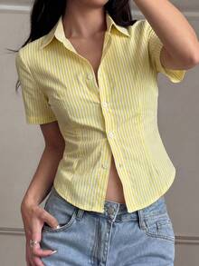 Teen GirlCasual All-Match Versatile Daily Commute Slim Fit Cropped Short Sleeve White Shirt - Yellow - View 1
