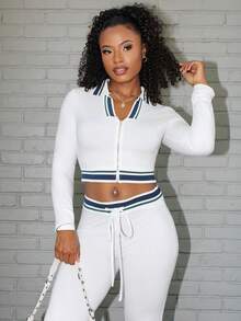 Steph T Bộ 2 áo crop top khóa kéo cổ màu tương phản và quần ống loe ôm vừa vặn, phong cách thể thao thường ngày sang trọng - trắng - Xem 6