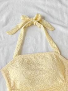 SHEIN 少女休闲日常舒适蕾丝领系带连衣裙 - 黃色 - 查看 4